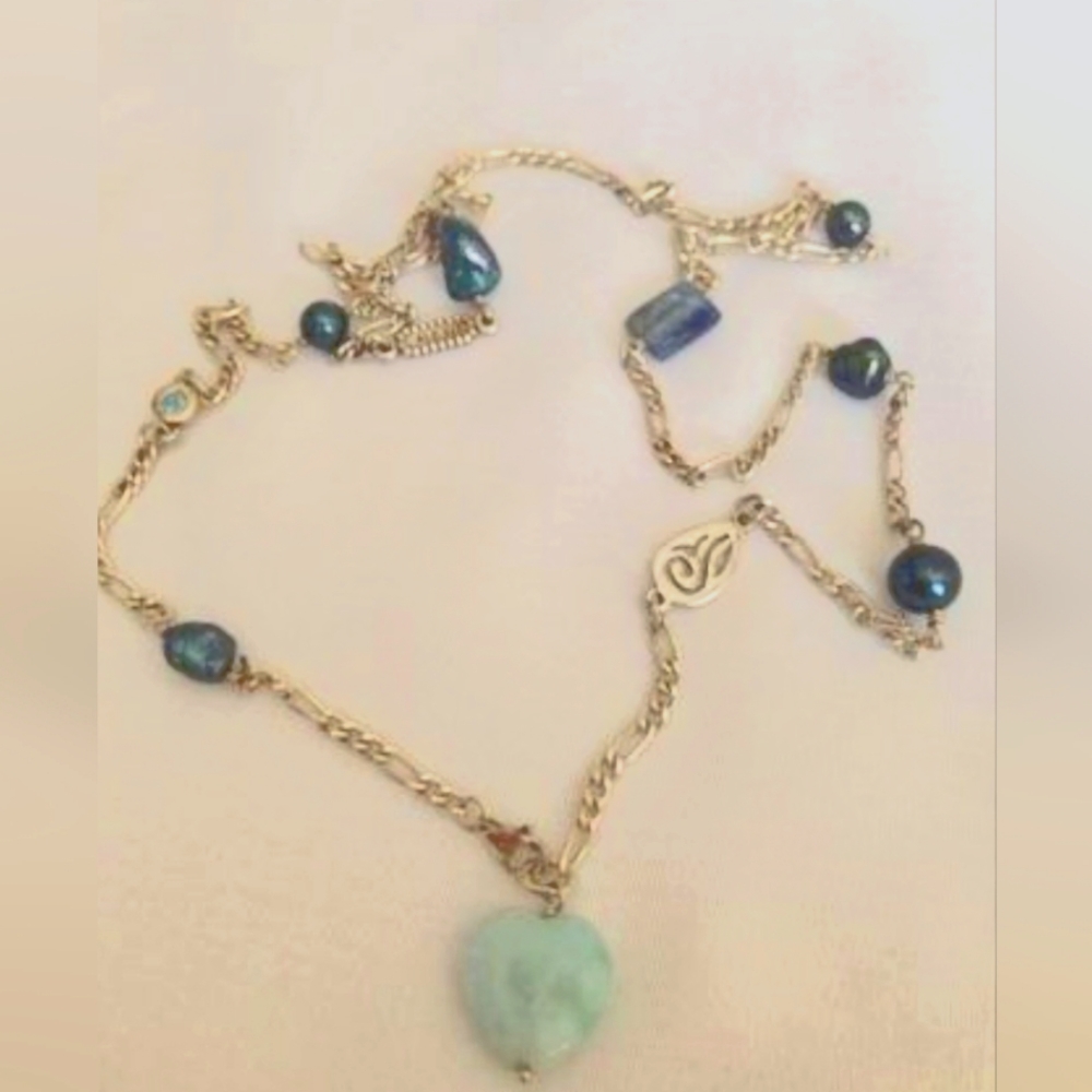 PANDORA LARIAT NECKLACE STATION BLUE PEARL HEART 26" LONG DISCONTINUED RETIRED